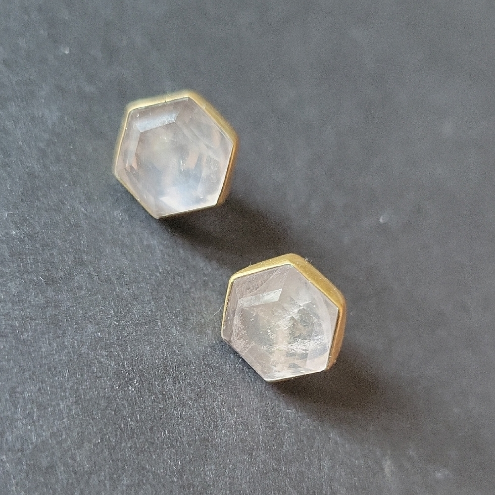 💗Pre-loved Gold Plated Hexagonal Rose Quartz Stud Earrings